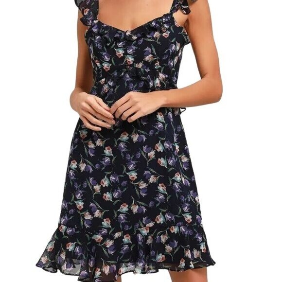 Lulus Viola‎ Floral Ruffle Midi Dress Navy Polyester Lined Womens Size S - Picture 3 of 15